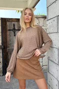 Женская коричневая блузка оверсайз с круглым вырезом с узором, эластичными рукавами и юбкой Trend Alaat Stili, коричневый