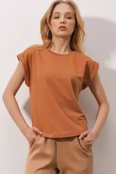 Женская коричневая блузка с аквалангом с круглым вырезом и двойными рукавами ALC-X9916 Trend Alaat Stili, коричневый