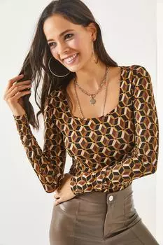 Женская коричневая двухслойная блузка из лайкры в стиле ретро с квадратным воротником спереди Olalook, коричневый