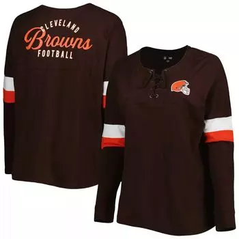 Женская коричневая футболка New Era Cleveland Browns размера плюс, спортивная университетская футболка на шнуровке с v-образным вырезом и длинными рукавами New Era