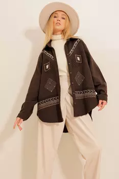 Женская коричневая рубашка оверсайз с вышивкой и текстурой Trend Alaat Stili, коричневый