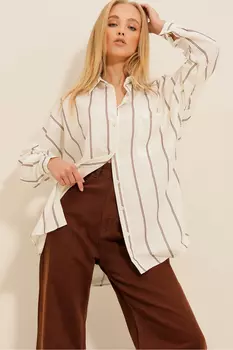 Женская коричневая тканая рубашка в полоску с одним карманом ALC-X11278 Trend Alaat Stili, коричневый