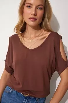 Женская коричневая трикотажная блузка из вискозы с вырезами Happiness stanbul, коричневый