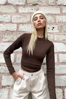 Женская коричневая укороченная блузка с круглым вырезом и завязкой на талии Trend Alaat Stili, коричневый