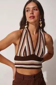 Женская коричневая укороченная трикотажная блузка с бретелькой на шее Happiness stanbul, коричневый