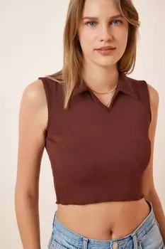 Женская коричневая укороченная трикотажная блузка с воротником-поло Happiness stanbul, коричневый