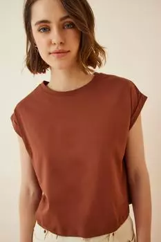 Женская коричневая укороченная трикотажная футболка из 100% хлопка Happiness stanbul, коричневый