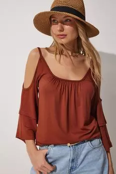 Женская коричневая вязаная блузка из вискозы с воланами Happiness stanbul, коричневый