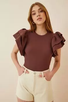 Женская коричневая вязаная блузка с воланами Happiness stanbul, коричневый