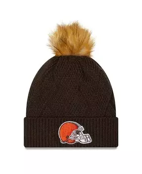 Женская коричневая вязаная шапка Cleveland Browns Snowy с манжетами и помпоном New Era, коричневый