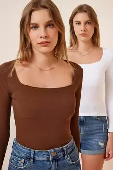 Женская коричнево-белая трикотажная блузка с квадратным воротником (2 пары) Happiness stanbul, коричневый