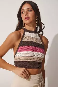 Женская коричнево-розовая укороченная трикотажная блузка с завязками Happiness stanbul, коричневый