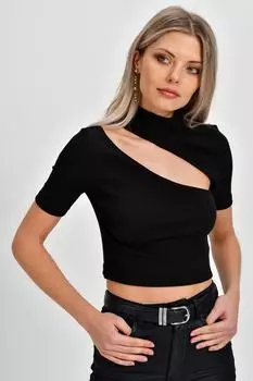 Женская короткая блузка на бретельках черного цвета с крестообразным воротником B74 Cool & Sexy, черный