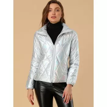 Женская короткая куртка-пуховик с голографической молнией и стеганой металлической отделкой ALLEGRA K, зеленый