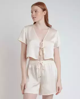 Женская короткая открытая атласная пижама с бантами Admas, кремовый
