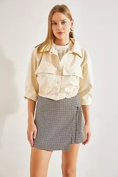 Женская кожаная куртка-бомбер с эластичной резинкой на талии и кнопками SHADE, крем