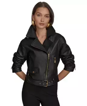 Женская кожаная куртка-косуха асимметричного кроя Donna Karan New York, черный