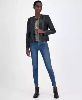 Женская кожаная куртка с молнией спереди и плетеными плечами Cole Haan, черный