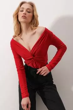 Женская красная блузка песочного цвета с глубоким v-образным вырезом спереди и драпировкой ALC-X9774 Trend Alaat Stili, красный