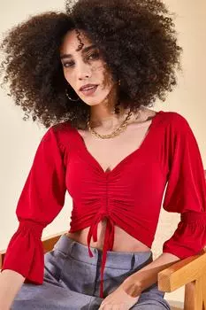 Женская красная блузка со сборками спереди и воланами на рукавах XHAN, красный
