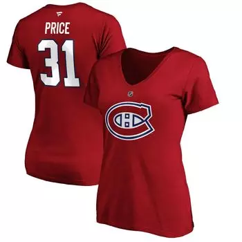 Женская красная футболка Fanatics с логотипом Carey Price Montreal Canadiens Authentic Stack с именем и номером и v-образным вырезом Fanatics