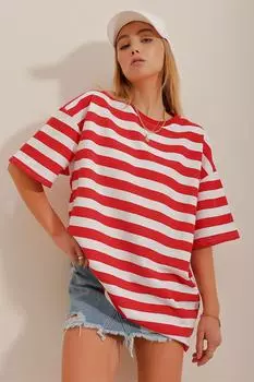 Женская красная футболка оверсайз с круглым вырезом в толстую полоску Trend Alaat Stili, красный