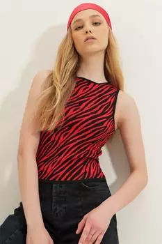 Женская красная трикотажная блузка с нулевым рукавом и рисунком зебры Trend Alaat Stili, разноцветный