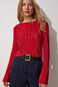 Женская красная трикотажная блузка с вырезом лодочкой и испанскими рукавами Happiness stanbul, красный