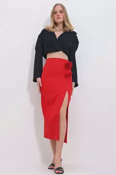 Женская красная юбка со съемным розовым аксессуаром и глубоким разрезом ALC-X11382 Trend Alaat Stili, красный