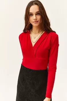 Женская красная укороченная блузка из лайкры с двубортным воротником Olalook, красный