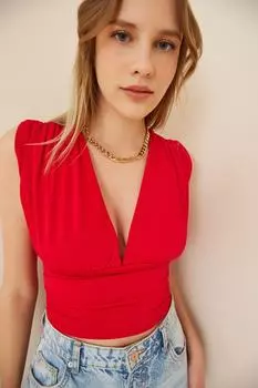 Женская красная укороченная блузка песочного цвета с глубоким v-образным вырезом Happiness stanbul, красный