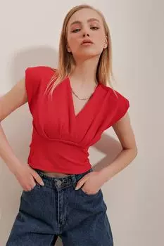 Женская красная укороченная блузка с глубоким V-образным вырезом и подкладкой Trend Alaat Stili, красный
