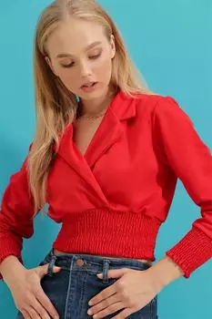 Женская красная укороченная блузка с рубашечным воротником и талией Gipeli из крепа ALC-X9254 Trend Alaat Stili, красный