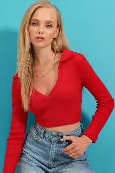 Женская красная укороченная блузка с воротником поло и мягкой текстурой ALC-X7322 Trend Alaat Stili, красный