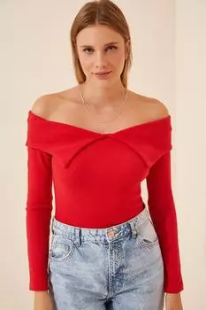 Женская красная вязаная блузка с воротником «Кармен» Happiness stanbul, красный
