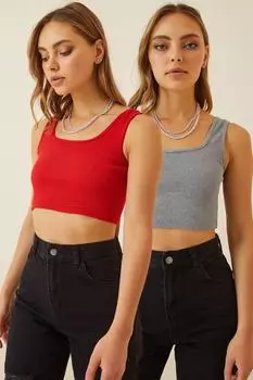 Женская красно-серая укороченная двойная трикотажная блузка с бретелями Happiness stanbul, красный