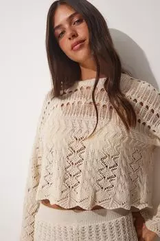 Женская кремовая ажурная сезонная трикотажная блузка Happiness stanbul, бежевый