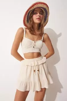 Женская кремовая льняная юбка-шорты с рюшами Happiness stanbul, бежевый