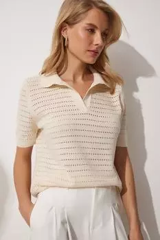 Женская кремовая летняя ажурная трикотажная блузка с воротником-поло Happiness stanbul, бежевый