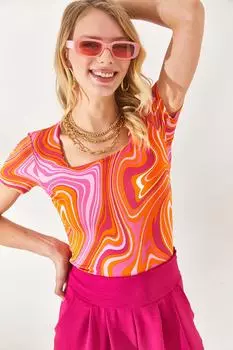 Женская кремовая оранжевая блузка с квадратным воротником спереди, двухслойная блузка из лайкры и вискозы Olalook, бежевый