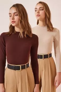 Женская кремовая темно-коричневая трикотажная блузка с водолазкой в рубчик Happiness stanbul, разноцветный