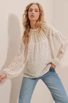 Женская кремовая тканая блузка с воротником-стойкой с рюшами на внутренней подкладке и рукавами-воздушными шарами с вышивкой ALC-X9537 Trend Alaat Stili, бежевый