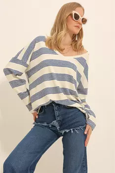Женская кремовая трикотажная блузка оверсайз в полоску с v-образным вырезом ALC-X11322 Trend Alaat Stili, бежевый