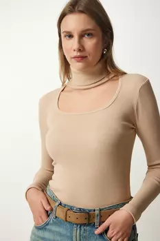 Женская кремовая трикотажная блузка с высоким воротником и вырезами Happiness stanbul, бежевый