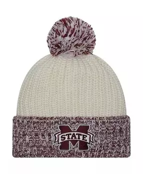 Женская кремовая вязаная шапка Mississippi State Bulldogs Fresh с манжетами и помпоном New Era, слоновая кость/кремовый