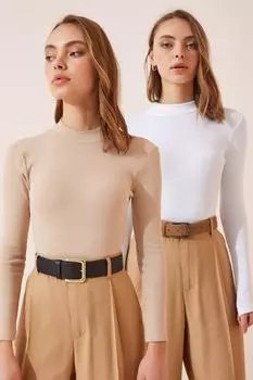 Женская кремово-белая трикотажная блузка с воротником на шнурке Happiness stanbul, разноцветный