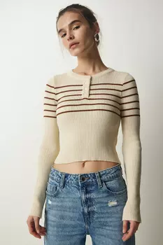 Женская кремово-коричневая укороченная трикотажная блузка с воротником на пуговицах Happiness stanbul, бежевый