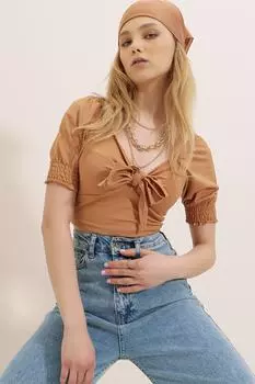 Женская креповая трикотажная укороченная блузка с завязкой спереди и арбузными рукавами Trend Alaat Stili, бежевый