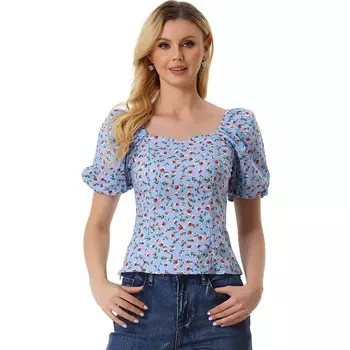 Женская крестьянская блузка с квадратным вырезом и цветочным принтом, топ ALLEGRA K, цвет Light Blue