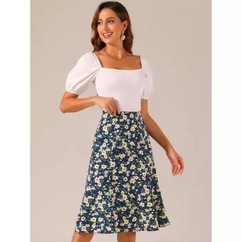 Женская крестьянская юбка-миди трапециевидного силуэта с эластичной резинкой на талии и принтом ALLEGRA K, цвет Black Blue